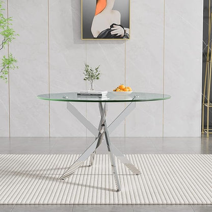 47.24" Round Glass Dining Table Modern Kitchen Glass Top Table for 6 with Silver Metal Legs, Clear Dining Table Kitchen Table for Home Office Dining Room