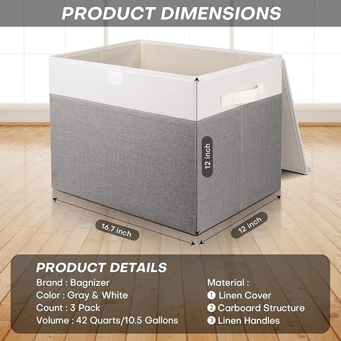 Large 17" 42 Quarts Collapsible Stackable Storage Bins with Lids [3-Pack] Foldable Fabric Linen Storage Boxes Cube, Closet Organizer Baskets with Label (16.7 x 12 x 12", Gray & White)