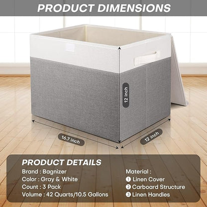 Large 17" 42 Quarts Collapsible Stackable Storage Bins with Lids [3-Pack] Foldable Fabric Linen Storage Boxes Cube, Closet Organizer Baskets with Label (16.7 x 12 x 12", Gray & White)