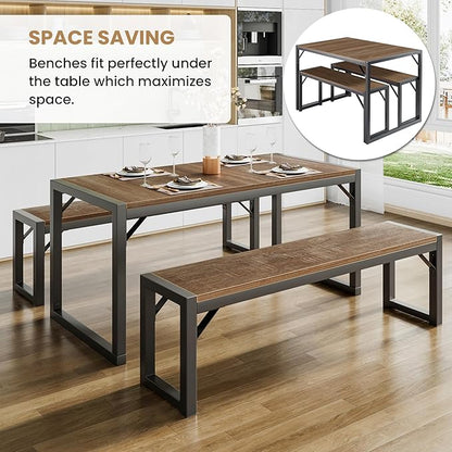 SHA CERLIN Kitchen Dining Table Set for 4 with Benches, Rustic Small Space Saving Dinette, Heavy Duty Metal Frame
