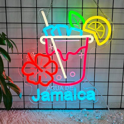 CNBEYOUNG Agua De Jamaica Neon Sign, Neon Lights Hanging Wall Art Decoration for Mexican Restaurants Shop Bar Kitchen Party Home Decor, USB - Driven, Super Bright & Adjustable,12.6 * 12.7inches