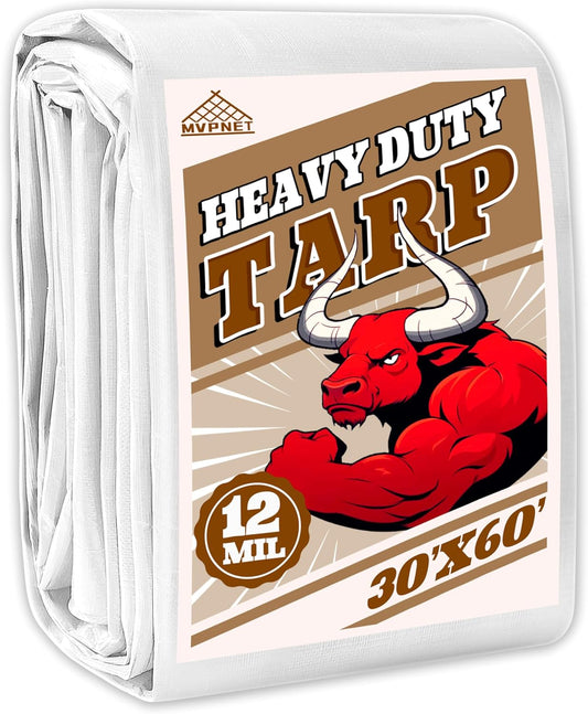 Tarp 30x60 ft Heavy Duty 12mil 100% Waterproof High Durability Multipurpose,Uv Resistant,White Tarp Suitable for Swimming Pools, Boats, Camping, Courtyards, Etc -by MVPNET