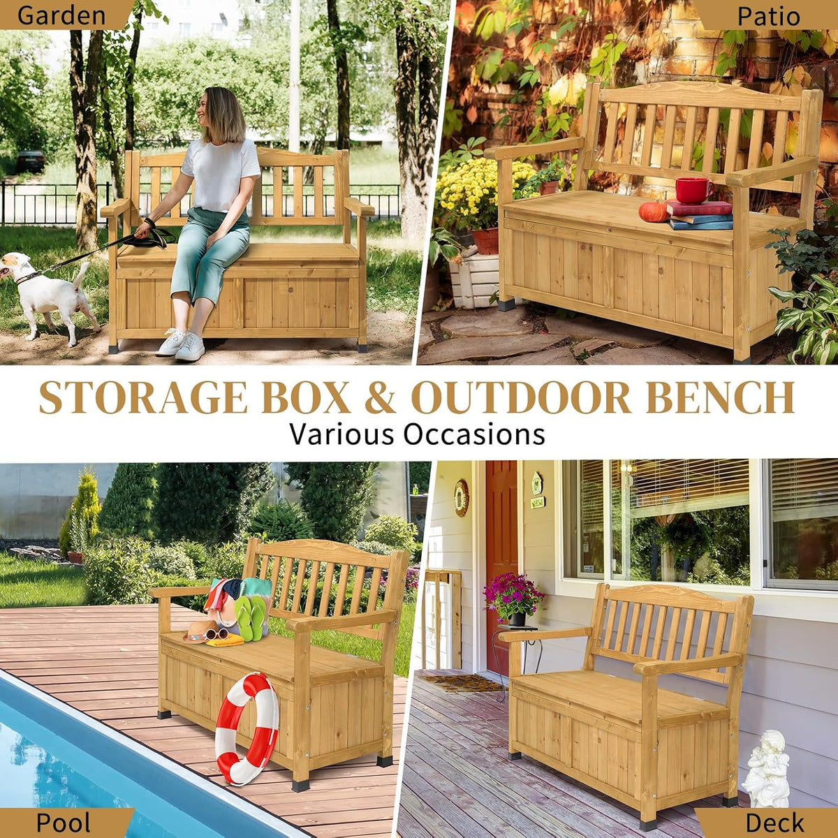 Outdoor Wooden Storage Bench, Large Deck Box with Seating & Armrest, Patio Organizer Loveseat for Garden Porch Backyard Poolside, Fir Wood