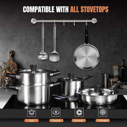 Stainless Steel Cookware Set, 14-Piece Pots and Pans Set, Kitchen Cookware Set with Stay-Cool Handle, Non-Toxic, Dishwasher Safe & Compatible with All Stovetops (Gas, Electric & Induction)