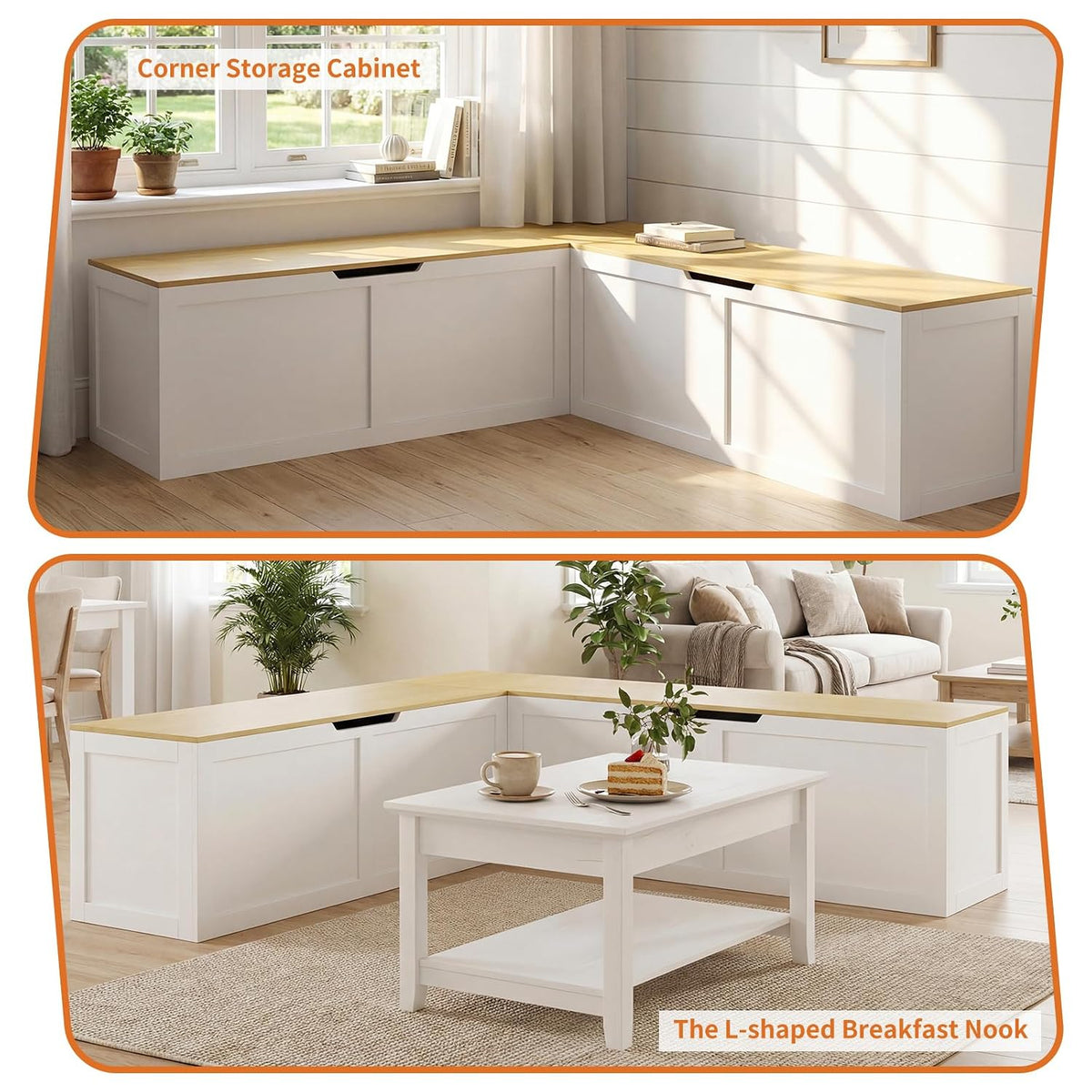 Zevemomo 63" L Shaped Storage Bench, White Breakfast Nook Benches, Corner Storage Bench with Hidden Storage for Dining Room, Kitchen, Entryway