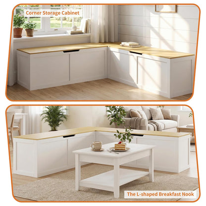 Zevemomo 63" L Shaped Storage Bench, White Breakfast Nook Benches, Corner Storage Bench with Hidden Storage for Dining Room, Kitchen, Entryway