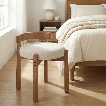 HNY Modern Linen Ottoman- Low-Back Makeup Seat & Lounge Footrest with Solid Wood Frame, Casual Style for Bedroom Dressing Area, Beige