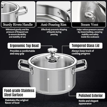 Stainless Steel Cookware Set, 16-Piece Pots and Pans Set Non Toxic, Kitchen Induction Cookware with Glass Lids, Steamer, Utensil Sets, Pot Protectors & Apron, Oven & Dishwasher Safe, Silver