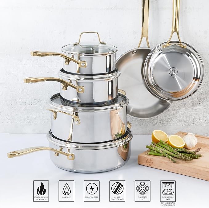 Martha Stewart Castelle 10 Piece 18/8 Durable Stainless Steel Induction Safe Pots and Pans Non-Toxic Kitchen Cookware Set - Gold Handles - Dishwasher Safe