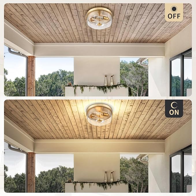 Gold Flush Mount Ceiling Light, 2-Light Hallway Light Fixtures, Modern Farmhouse Farmhouse Ceiling Light Clear Glass Brushed Gold Finish for Kitchen Porch Entryway