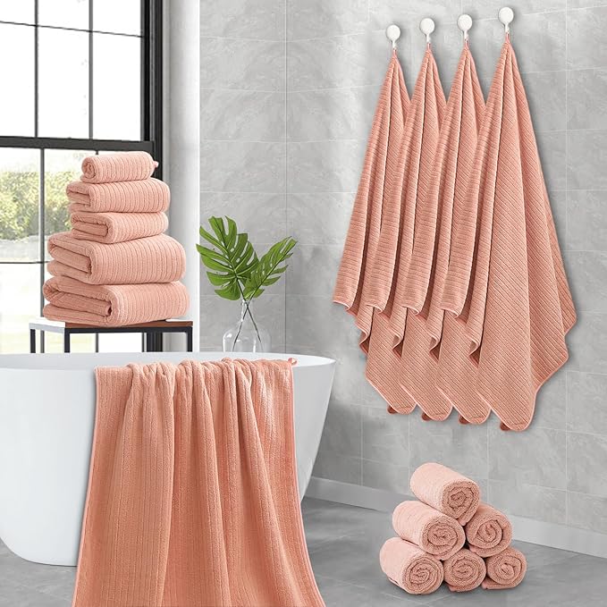 18 Piece Family Bath Towel Set Include 6 Bath Towels,6 Hand Towels and 6 Washcloths Soft Bathroom Towel with Hanging Loops,Highly Absorbent Quick Dry Towels Set for Bathroom,Hotel and Spa-Orange