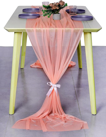 MDS 2 Pack 14ft Chiffon Table Runner 29 x 170 Inches Sheer Wedding Runner Romantic Rustic Table Runner for Wedding Decorations, Birthday Parties, Bridal Shower Party Arch Decor - Peach