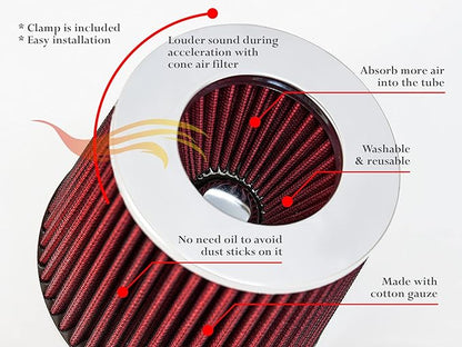 Rtunes Racing Universal Clamp-On Air Filter, Standard Cone, Dry Washable Design, Multiple Inlet Sizes (Red, 3.5" Inch)