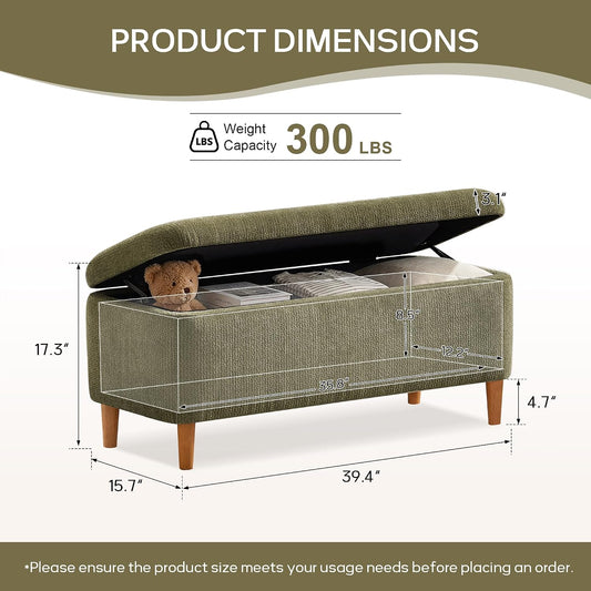 39.4”Ottoman with Storage,Upholstered Comfy Storage Bench Ottoman with Wooden Legs,End of Bed Bench Footstool for Hallway Entryway Bedroom Living Room Green