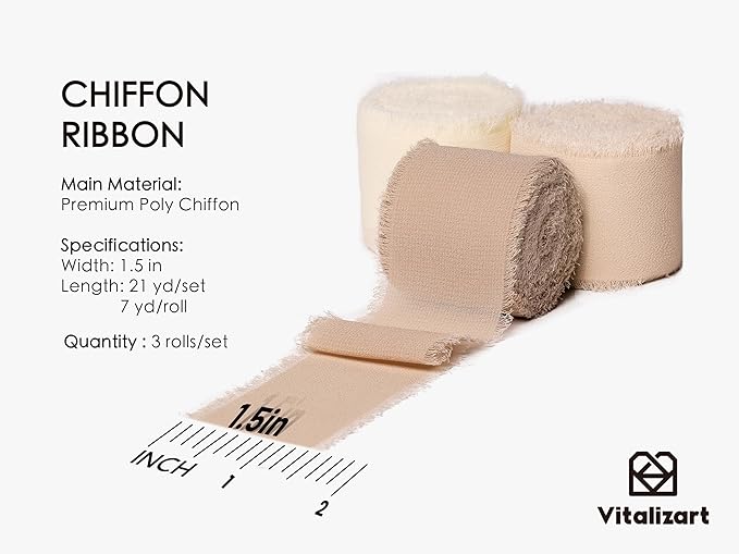 Vitalizart White Handmade Chiffon Silk Ribbon Fringe 1.5" x 21 Yd Nude & Ivory Frayed Edges Ribbons for Wedding Invitations Bridal Bouquets Gifts Wrapping Crafts Holiday Party Decorations