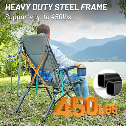 Timber Ridge Oversized Camping Chair with Lumbar Support, Portable Folding Chair Heavy Duty for Adults Supports 450 LBS for Outdoor Camping Lawn, with High Back, Cup Holder, Side Pocket, Blue