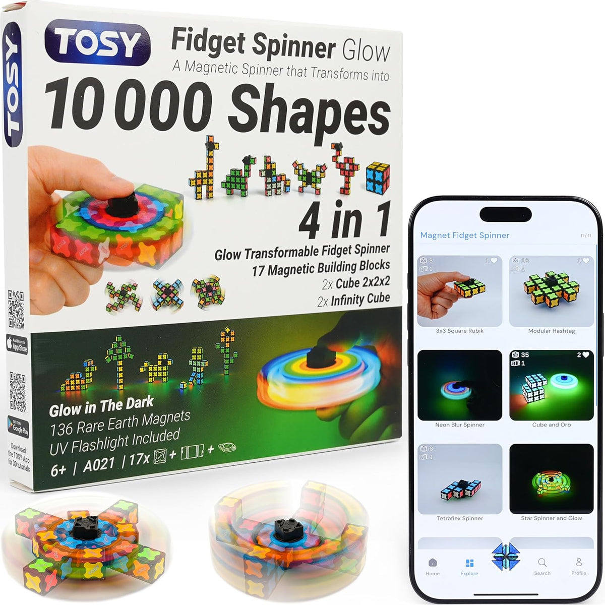 TOSY Magnet Fidget Spinner Glow - 16 Blocks, 3 in 1 Toy: Transformable Fidget Spinner, Infinity Cube, 2x2 Puzzle Cube, Glow, Stress Relief, STEM Magnet Tiles Birthday Gift for Kids/Boys/Girls/Adults