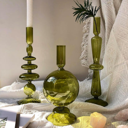 Candle Stick Candle Holder, Glass Candle Holders for Table Centerpiece, Modern Style Green Candle Holder Mixed 4pcs