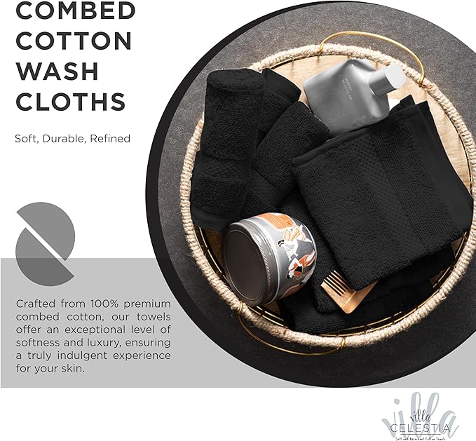 100% Cotton Wash Cloth for face & Body Set of 12, (12 x 12 inches) Sustainable, Soft, Highly Absorbent, Combed Cotton Wash Cloths Pack of 12 for Hotels, Spa, Bathroom, Dorm, Black