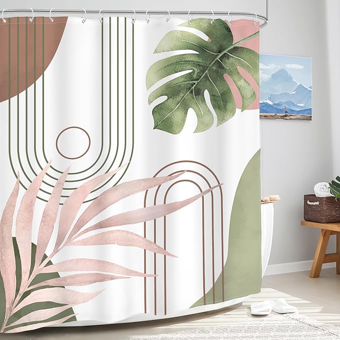 Glawry Abstract Tropical Shower Curtain Chic Boho Plant Palm Leaf Watercolor Pink Green Simple Minimalist Bathroom Modern Botanical 60Wx72L Inches Bath Accessories Art Home Decor Fabric with Hooks