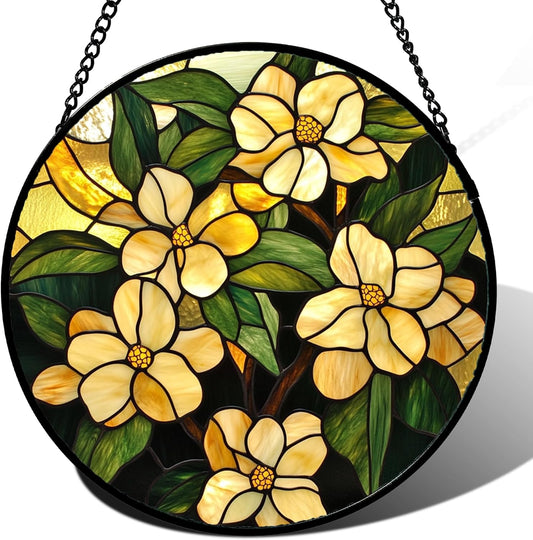 Stained Glass Window Hanging - Yellow Flower Green Leaf Suncatcher for Doors Garden Patio Fall Decor Sun Catchers Christmas Mother's Day Birthday Gifts for Women Men Mom Nana Friend 6.3 in