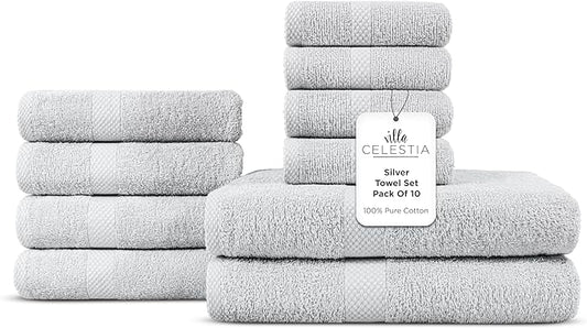 100% Cotton Bath Towel Set of 10-2 Bath Towels, 4 Hand Towels, 4 Wash Cloths, Sustainable, Soft, Highly Absorbent, Combed Cotton 10 Piece Set for Hotels, Spa, Bathroom, Dorm, Silver