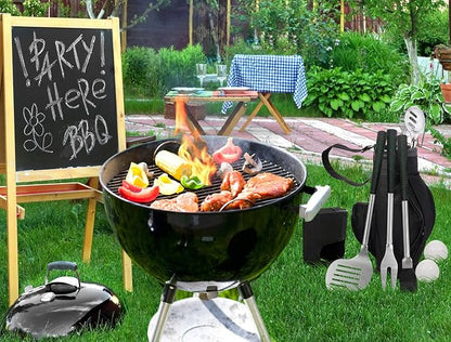 POLIGO 7PCS Golf-Club Style BBQ Grill Tools Kit with Rubber Handle Bundle with 18" Safe Grill Brush And Scraper Bristle Free for All Grills - Premium BBQ Set Ideal Christmas Birthday Gifts for Men Dad
