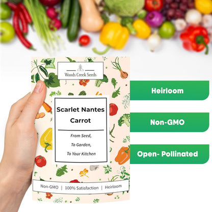 Woods Creek Seeds: Scarlet Nantes Carrot Seeds for Planting - Over 2,800 Heirloom Carrot Seed Pack - Non-GMO Carrots Seeds for Planting Outdoors or Indoors - Beginner Friendly Vegetable Gardening