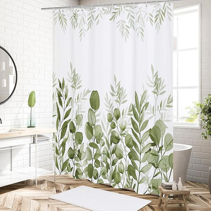MitoVilla Sage Green Long Shower Curtain Set 72 x 78, Plant Leaves Fabric Shower Curtains 78 inch Long for Rustic Bathroom Decor, Chic Vintage Shower Curtain with Hooks