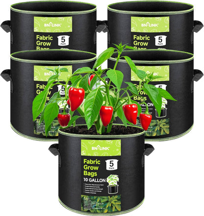 BN-LINK 5-Pack 10 Gallon Grow Bags, Heavy Duty Aeration Fabric Pots with Handles, Thickened Nonwoven Plant Bags for Vegetables, Flowers, Fruits