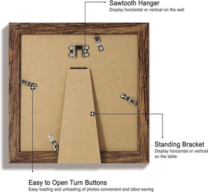 8x8 Picture Frame Set of 4 with HD Glass, Display 6x6 Pictures with Mat or 8 x 8 Without Mat, Rustic Wood Photo Frame for Wall Mount and Tabletop Display