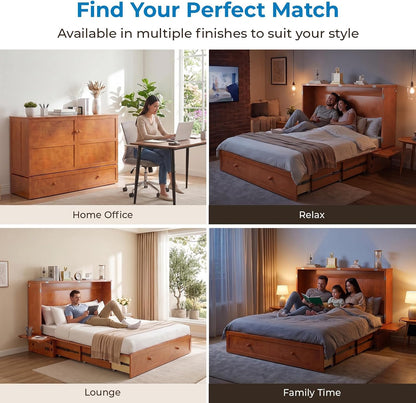 Mjkone Murphy Bed Queen with Mattress Included, Cabinet Murphy Bed with USB Charging Station & Storage Drawer, Mobile Cube Murphy Cabinet Chest Bed for Living Room Bedroom Apartment, Cherry