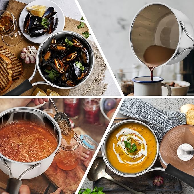 P&P CHEF 2QT Saucepan with Lid, Stainless Steel Saucepan, Small Sauce Pan for Kitchen Cooking Soup/Milk/Eggs/Noodles, Visible Glass lid & Bakelite Heat-Proof Handles, Dishwasher Safe & Healthy