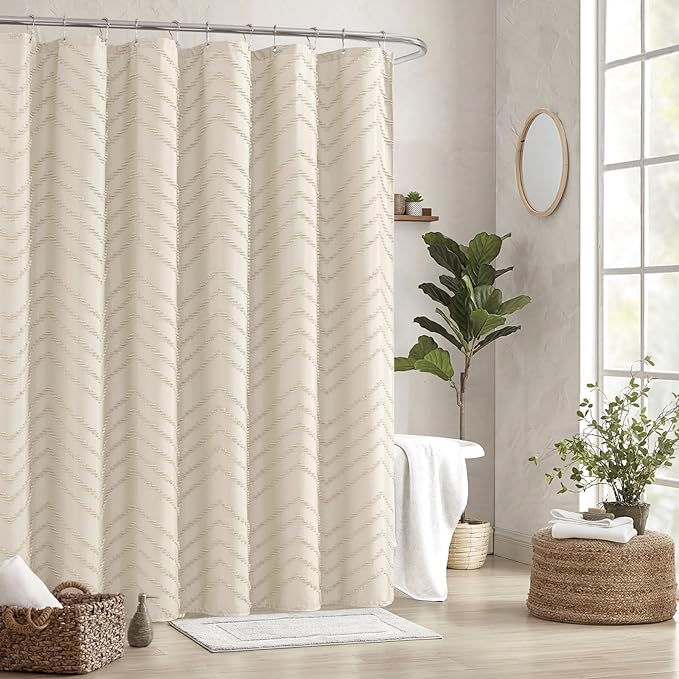 Beige Boho Shower Curtain 72 x 72 Modern Farmhouse Shower Curtain Bohemian Chic Tufted Chevron Textured Striped Minimalist Shower Curtains Woven Fabric Beige Shower Curtains