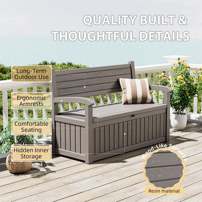80 Gallon Lockable Deck Bench with Storage, Resin Stripes Outdoor Storage Box, Waterproof Outdoor Porch Bench for Cushions Garden Tools, and Pool Supplies, Grey