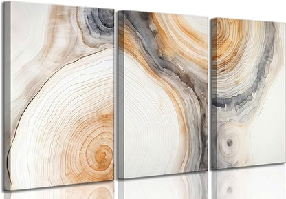 3 Pcs Beige Tree Rings Canvas Wall Art Modern Neutral Abstract Geome Nature Tree Ring Paintings Pictures Wall Decor Poster Print Artwork for Living Room Bedroom Office Home Decoration