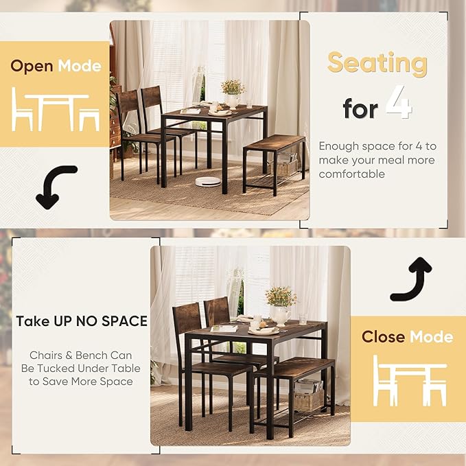 Shahoo Kitchen Table and 2 Chairs for 4 with Bench, 4 Piece Dining Sets for Small Space, Brown