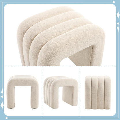 Flouki Ottoman Foot Stool with Channel Tufted, Small Ottoman Bench for Entryway, Modern Vanity Stool Chair, Upholstered Foot Rest Extra Seat for Living Room (Beige Linen)