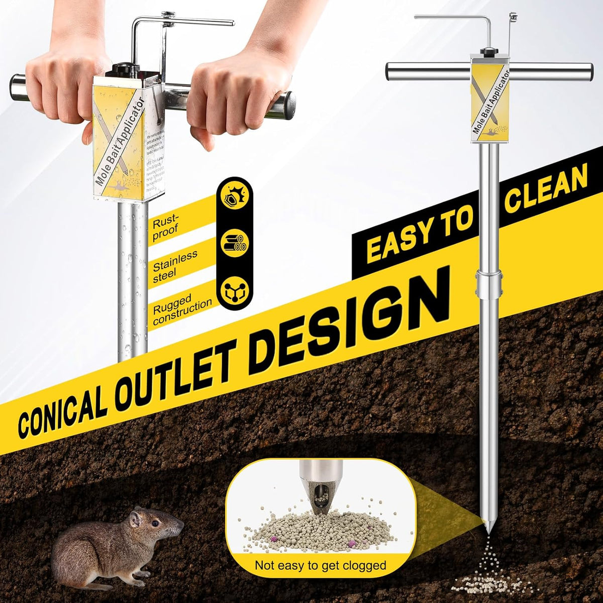 Gopher & Mole Bait Applicator, Stainless Steel Gopher/Mole/Vole Killer, Durable and Removable Gardening Pest Control Tool for Yard, Upgraded Non-Clogging Bait Outlet(Not Include Bait)