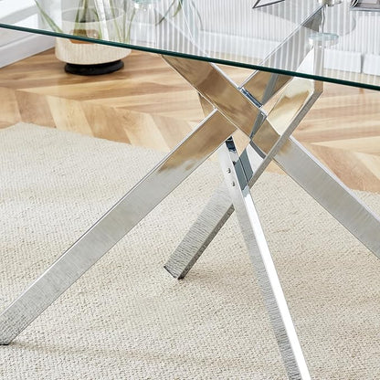 51" Rectangular Glass Dining Table Modern Kitchen Glass Top Table for 4 with Silver Metal Legs, Clear Dining Table Kitchen Table for Home Office Dining Room