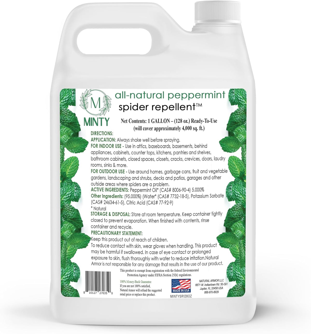 Minty Spider Repellent, Natural 5% Peppermint Oil Spray, Kills & Deters All Types of Spiders and Insects, Indoor and Outdoor Use, 128 fl oz Gallon