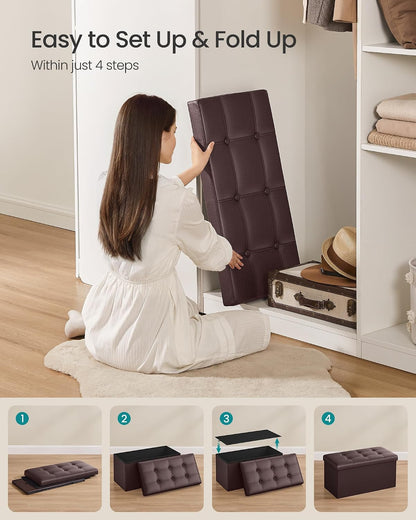 SONGMICS Storage Ottoman Bench, 30 Inches Folding Foot Rest Stool | PU Leather, Easy Assembly, for Living Room, Bedroom, Entryway, Rustic Walnut and Ink Black, MINOTA Collection ULSF40Z