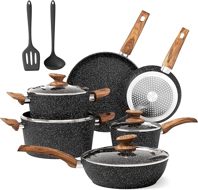 DishDelight Induction Pots and Pans Set Non Stick, 12 Piece Nonstick Kitchen Cookware Sets, Nonstick Granite Cooking Set Induction Pots and Pans, Induction Cookware Sets with Frying Pans, Black
