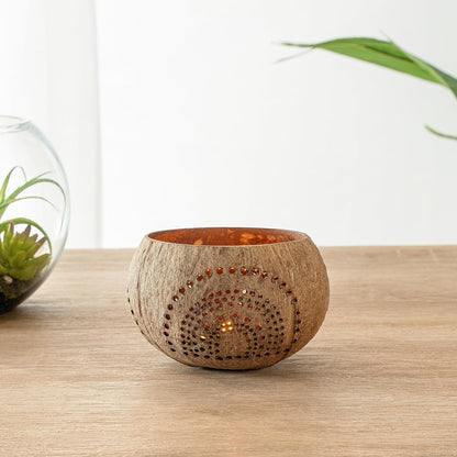 Restaurantware-Coco Casa 4 x 3.3 Inch Coconut Shell Candle Holders, 1 Reusable Tealight Holders - Candle Not Included, Rainbow Pattern, Tan Coconut Bowls for Candles, Handcrafted