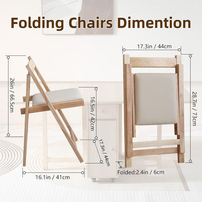 COMUHOME Wood Drop Leaf Folding Dining Table with 2 Drawers and 4 Wheels, Wooden Padded Dining Chairs Set of 4, Space Saving Dining Table with 4 Chairs for Living Room Kitchen Farmhouse