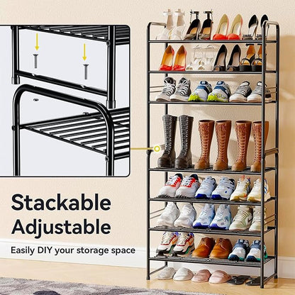 4-Tier 27” Wide Shoe Rack for Closet, Metal Stackable Shoe Shelf Organizer, Holds 14 Pairs, Black