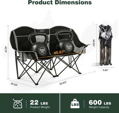 SUNNYFEEL Double Camping Chair Portable Folding Loveseat for 2 Adults Heavy Duty Oversized Camping Couch 600 lbs with Cup Holders & Storage for Outdoor Camping, Beach, Lawn, Patio RV & Indoor Use