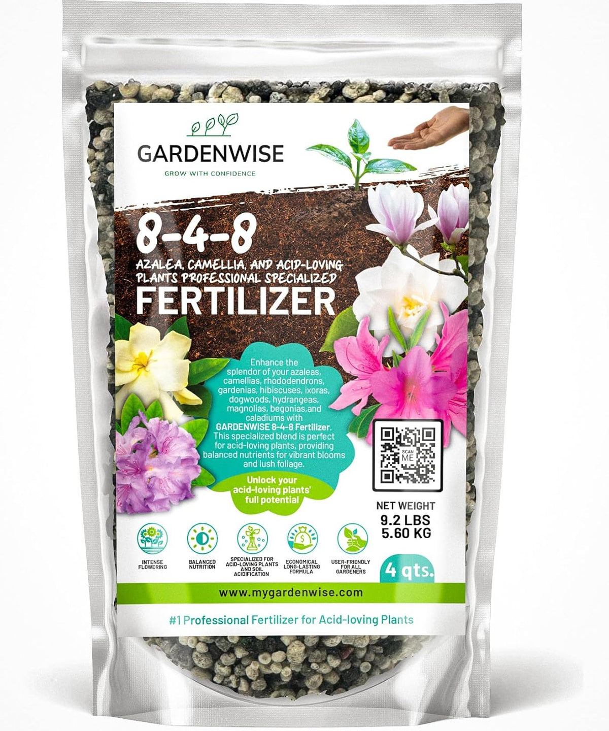 8-4-8 Acidic Fertilizer for Azaleas, Camellias (Camelia), Hydrangeas, Blueberries, Gardenias, Magnolia Trees, Evergreens, and Rhododendrons - Ideal Iron-Rich Plant Food (4 QUARTS)