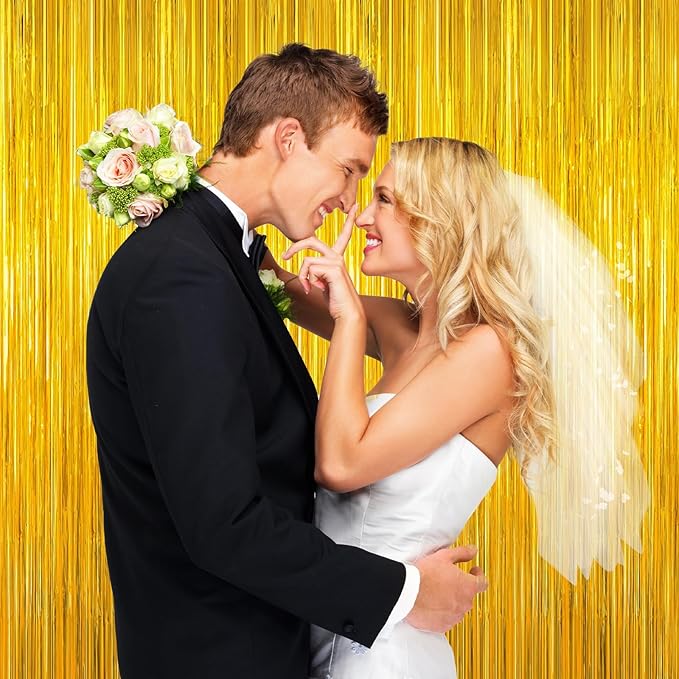 Gold Tinsel Backdrop Birthday Decorations, 2Pack Foil Curtain Backdrop Gold Streamers Dance Party Decorations Photo Booth Props for Bachelorette Decors Christmas Halloween New Years Eve Party Supplies