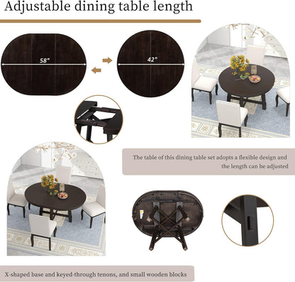 GDFStudio 42"-58" Farmhouse Extendable Dining Table for 4-6, Solid Wood Round Dining Table with 16" Leaf & X-Shaped Base, Rustic Kitchen & Dining Room Table, Space Saving, Espresso